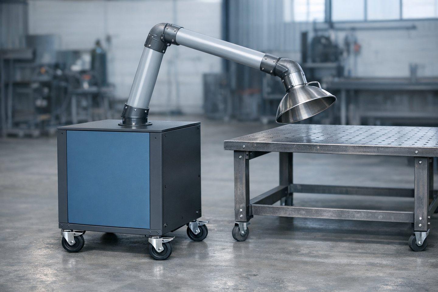Mobile FumeArm welding fume extractor with articulated arm and capture hood beside a steel welding bench