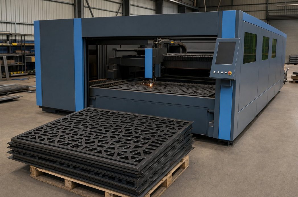 Flatbed fibre laser cutter cutting a decorative steel gate panel, finished panels stacked on a pallet in the foreground