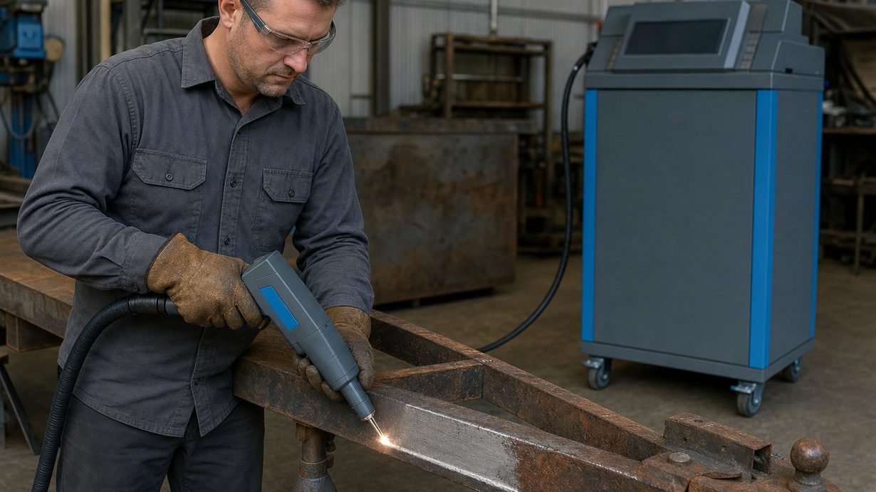 Fabricator holding a handheld laser cleaner over a rusty trailer drawbar, a stripe of bright bare steel behind the head
