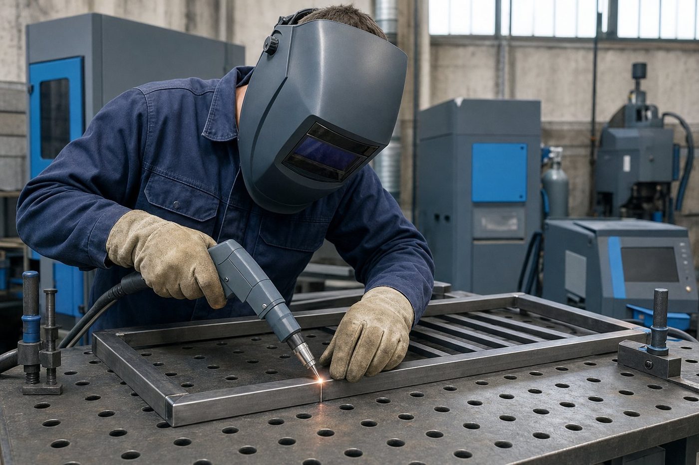 Fabricator in a welding helmet using a handheld fibre laser welder on a square tube gate frame clamped to a holed fab table