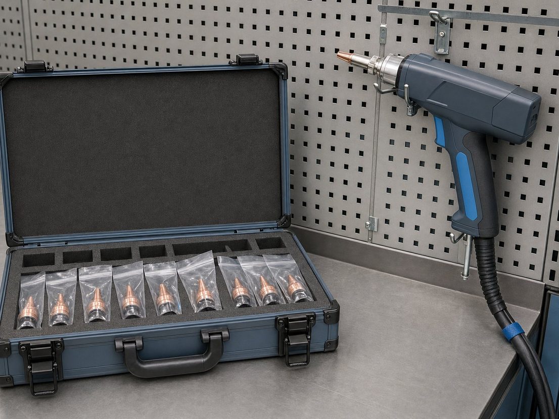 Foam-lined tray of copper laser welding nozzles in bags beside a handheld laser welding gun hanging on a pegboard